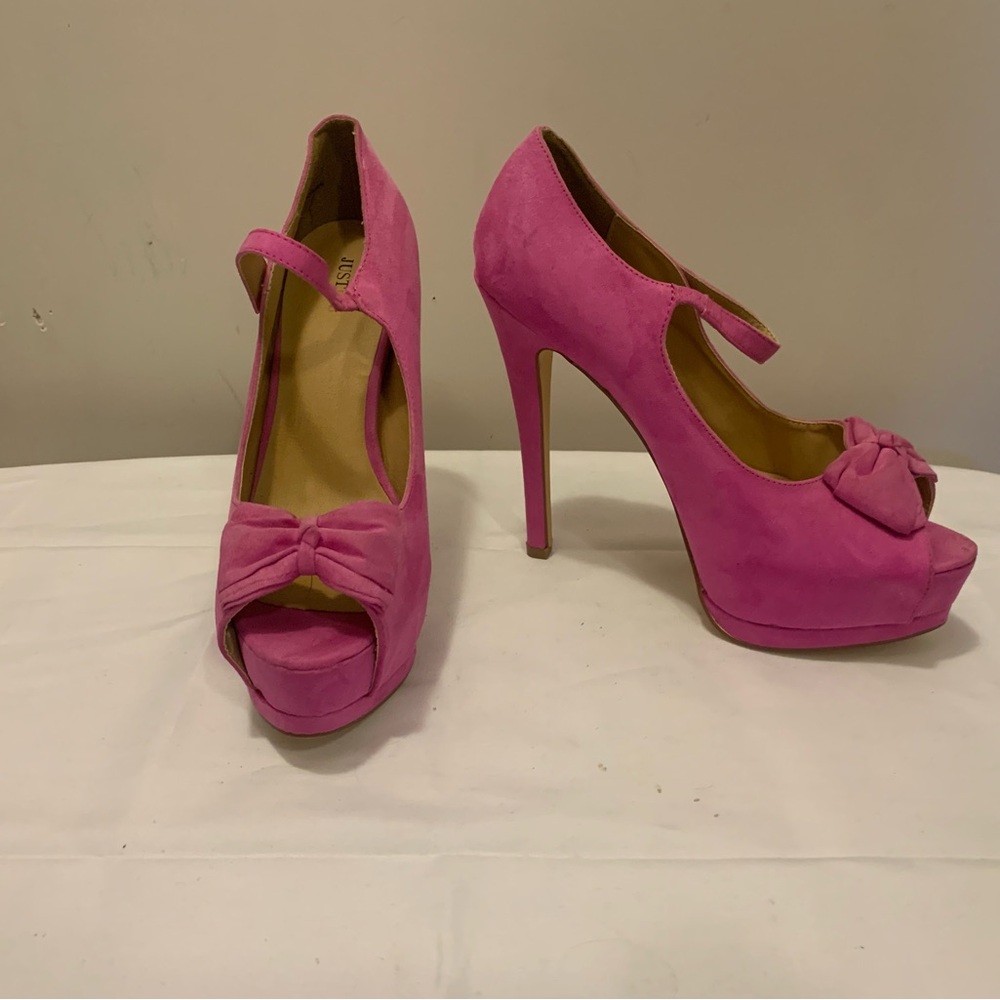 JustFab Fuchsia Bow Peep-Toe Heels